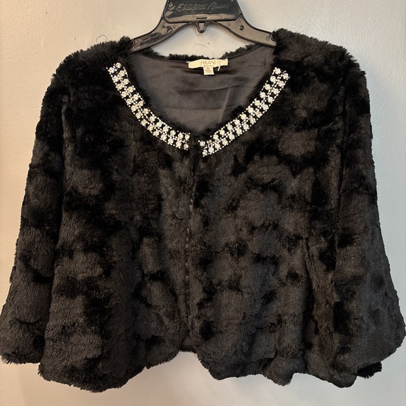 Haani Women's 2XL Cropped Jacket Rhinestone Trim Faux Fur Black Formal Luxury - Picture 1 of 8